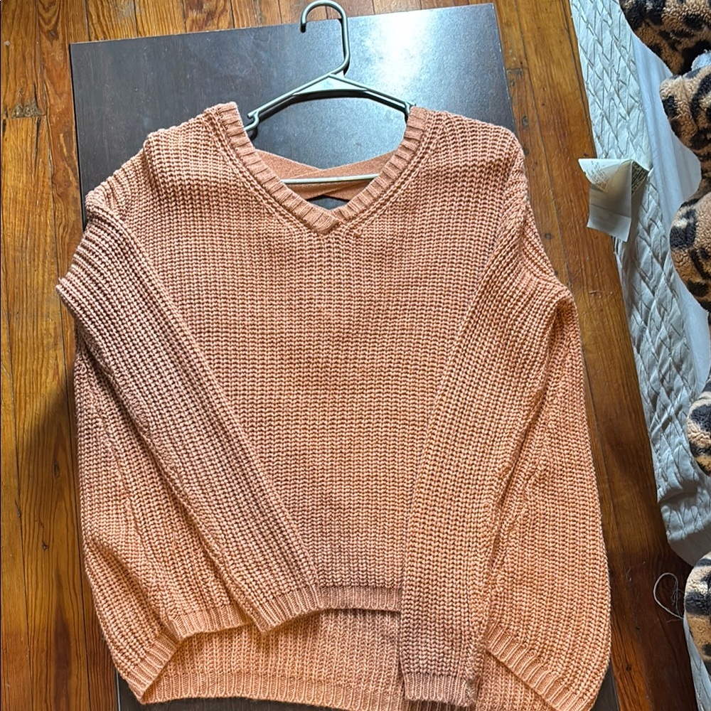 Cozy Casual Orange V-Neck Sweater Chunky Knit
